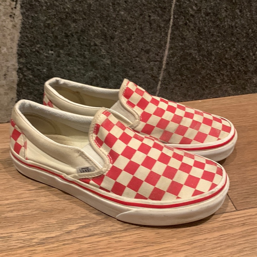 Red and white checkered slip on vans